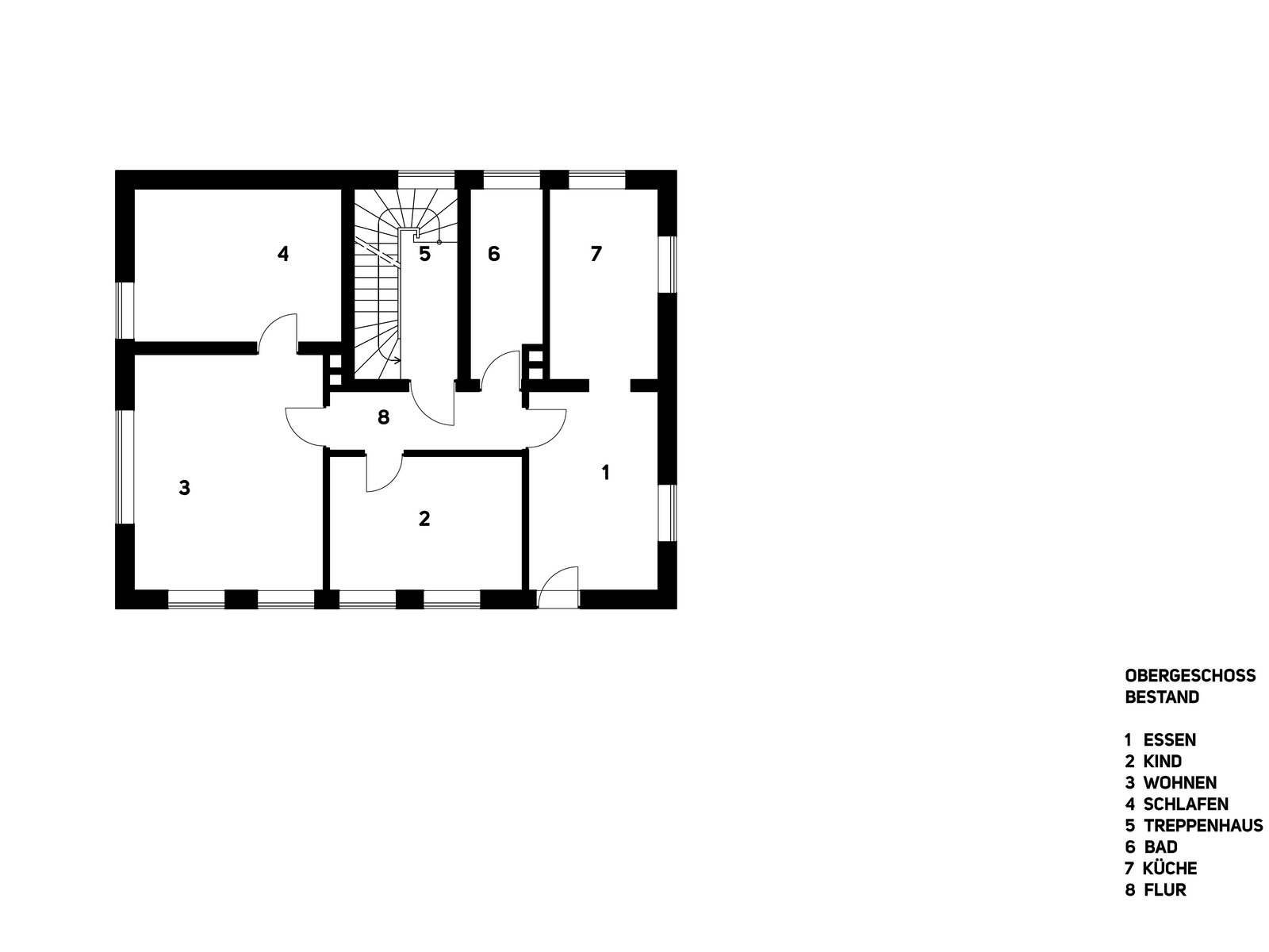 Grundriss im Obergeschoss eines Familienhauses im Bestand für Mehrgenerationenwohnen in München-Schwabing, entworfen von m8architekten