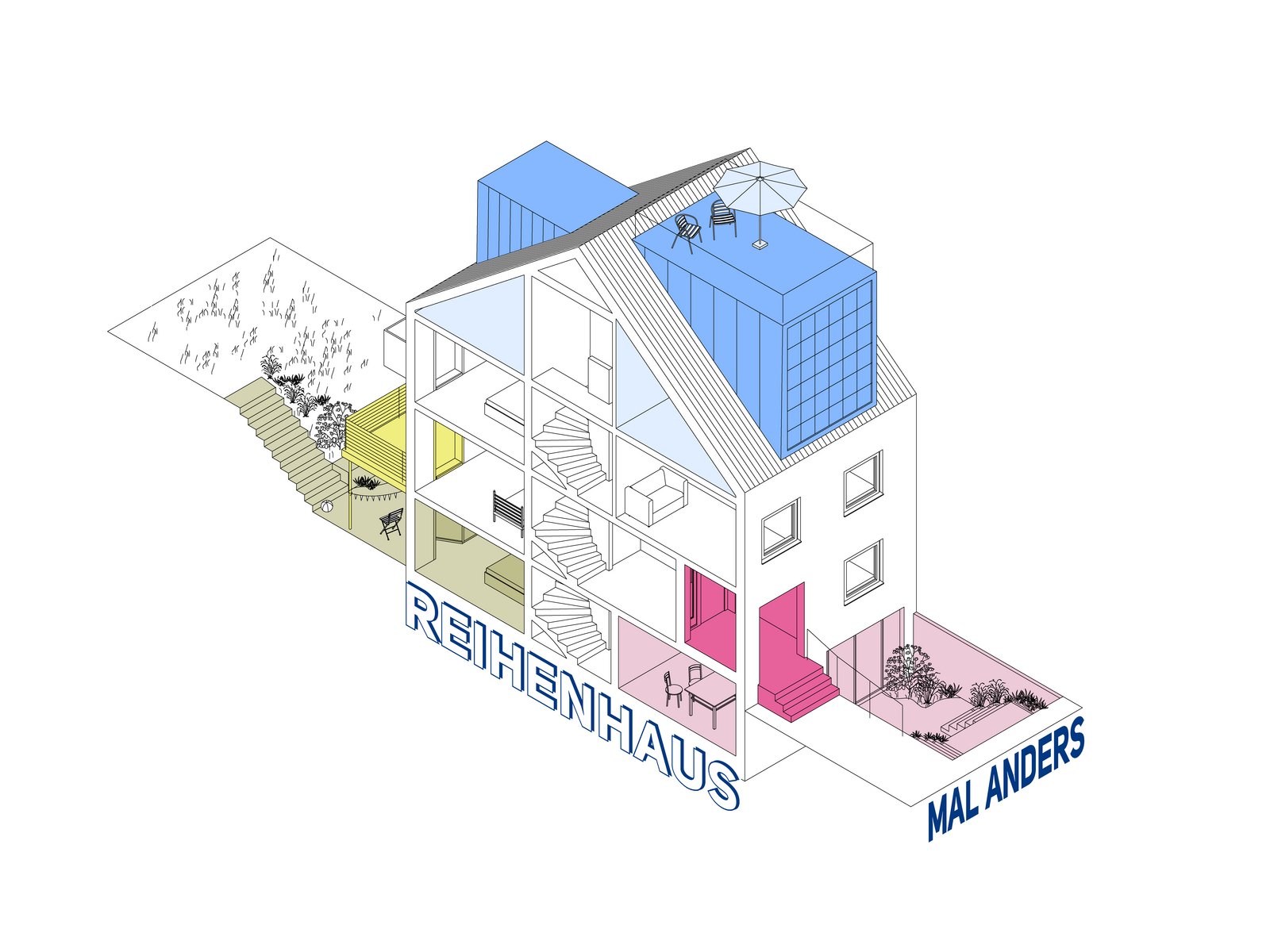 Reihenhaus-Umbau für Mehrgenerationenwohnen mit Dachterrasse, Souterrain-Wohnen, Vorgarten und Balkon