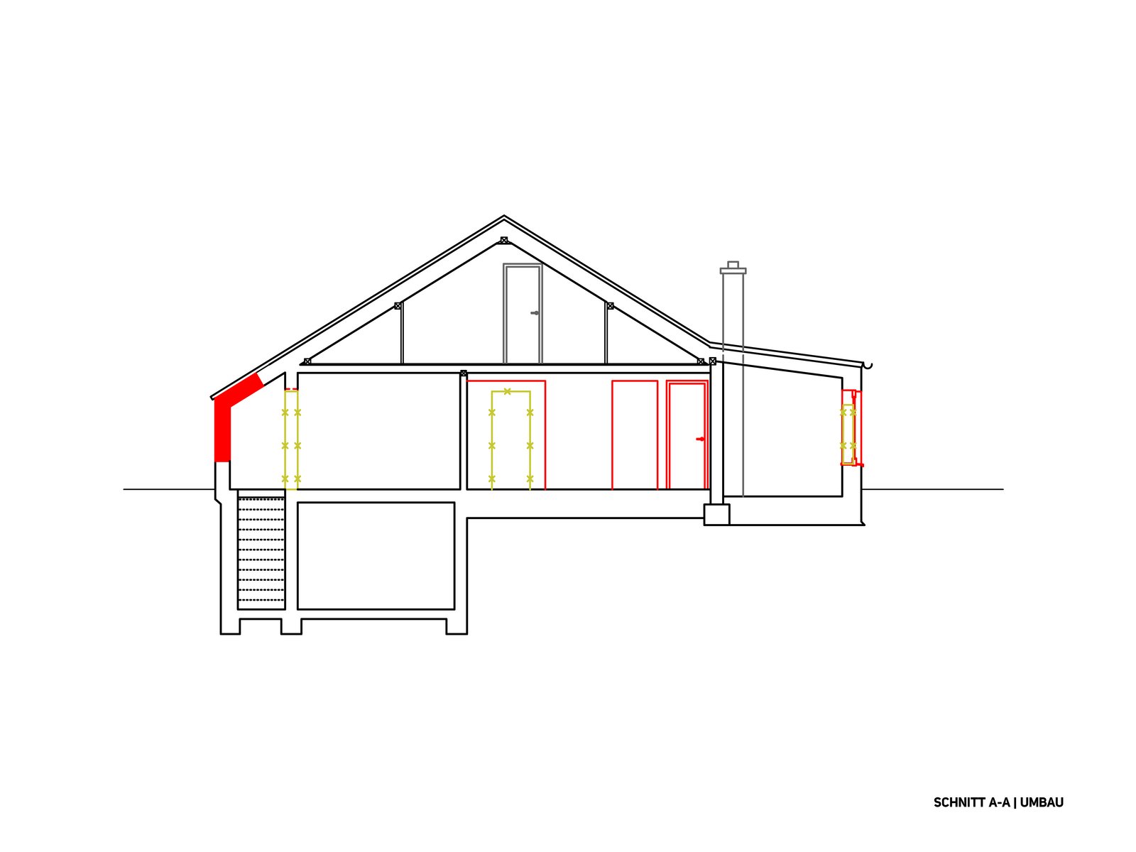 Schnitt mit Darstellung von Abriss- und Neubauanteilen beim Bauen im Bestand