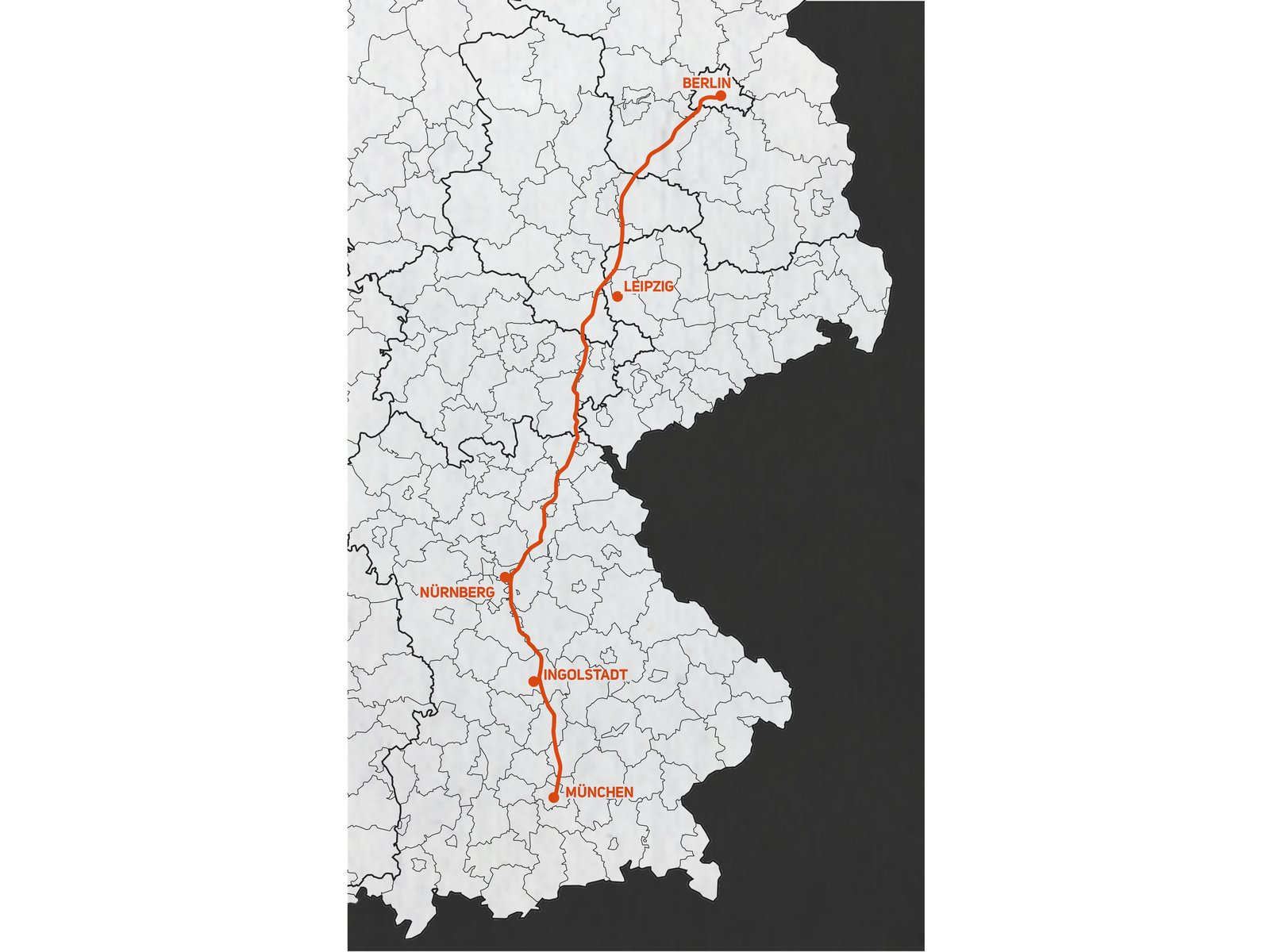 Karte mit markierter Strecke von Haar bei München nach Berlin als symbolische Verbindung zwischen Tatort der Aktion T4 und politischem Entscheidungszentrum.