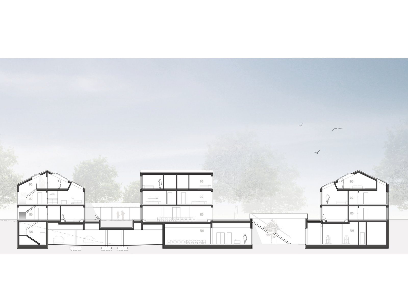 Visualisierung einer Atelierwohnung unter dem Dach, kombiniertem Arbeits- und Wohnraum, entworfen von m8architekten.