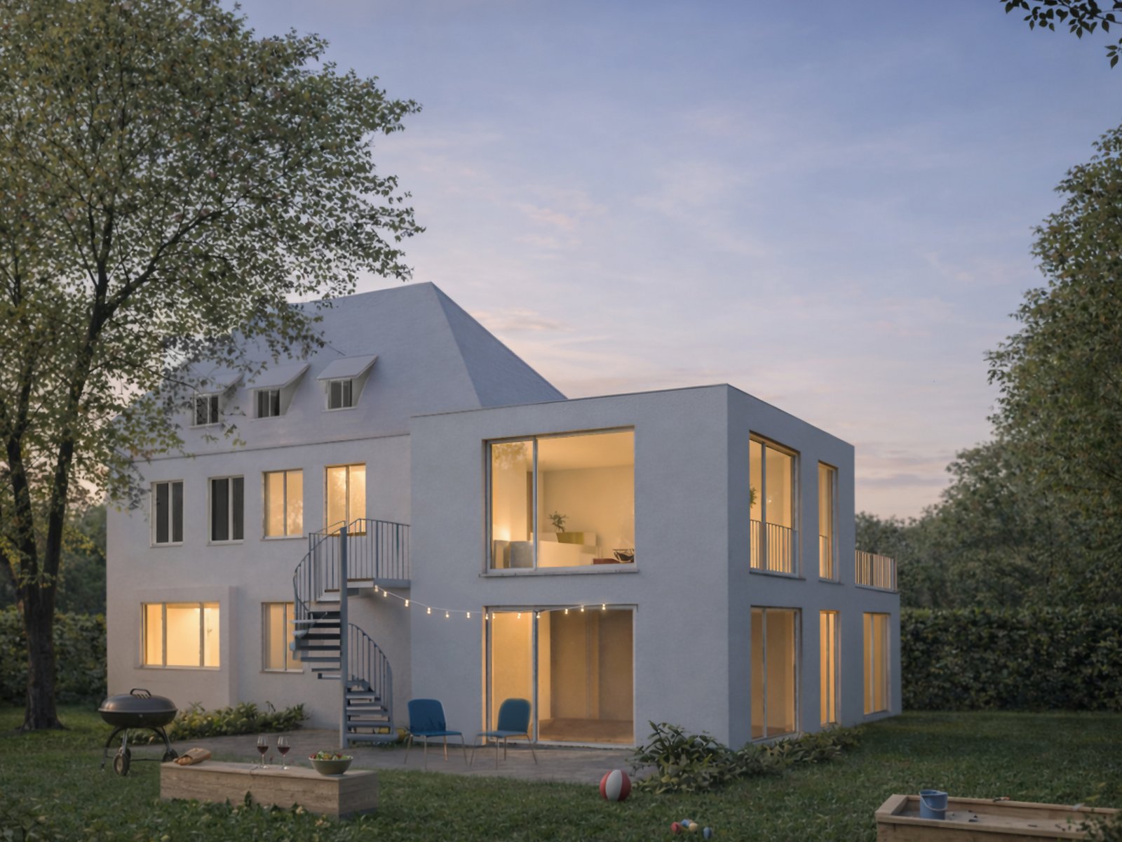 Rendering eines Familienhauses im Bestand mit Garten bei Nacht in München, geplant von m8architekten