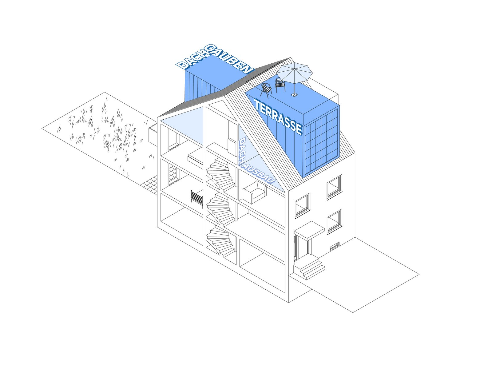 Nachhaltiger und energieeffizienter Reihenhaus-Umbau mit freigelegtem Grundriss in Schwabing, entworfen durch m8architekten.