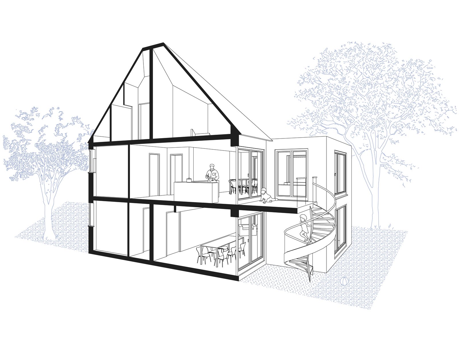 Schnittperspektive eines Familienhauses mit offener Küche für Mehrgenerationenwohnen, geplant von m8architekten