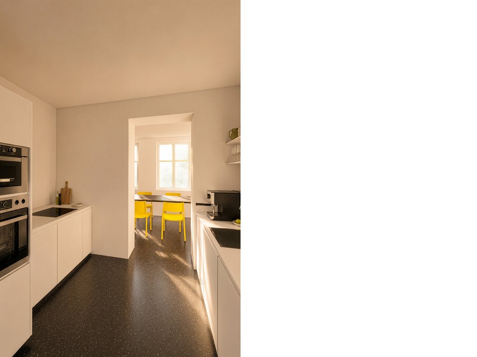 Küchenbereich im Coworking-Space und Architekturbüro mit gemeinschaftlich genutztem Aufenthaltsbereich.