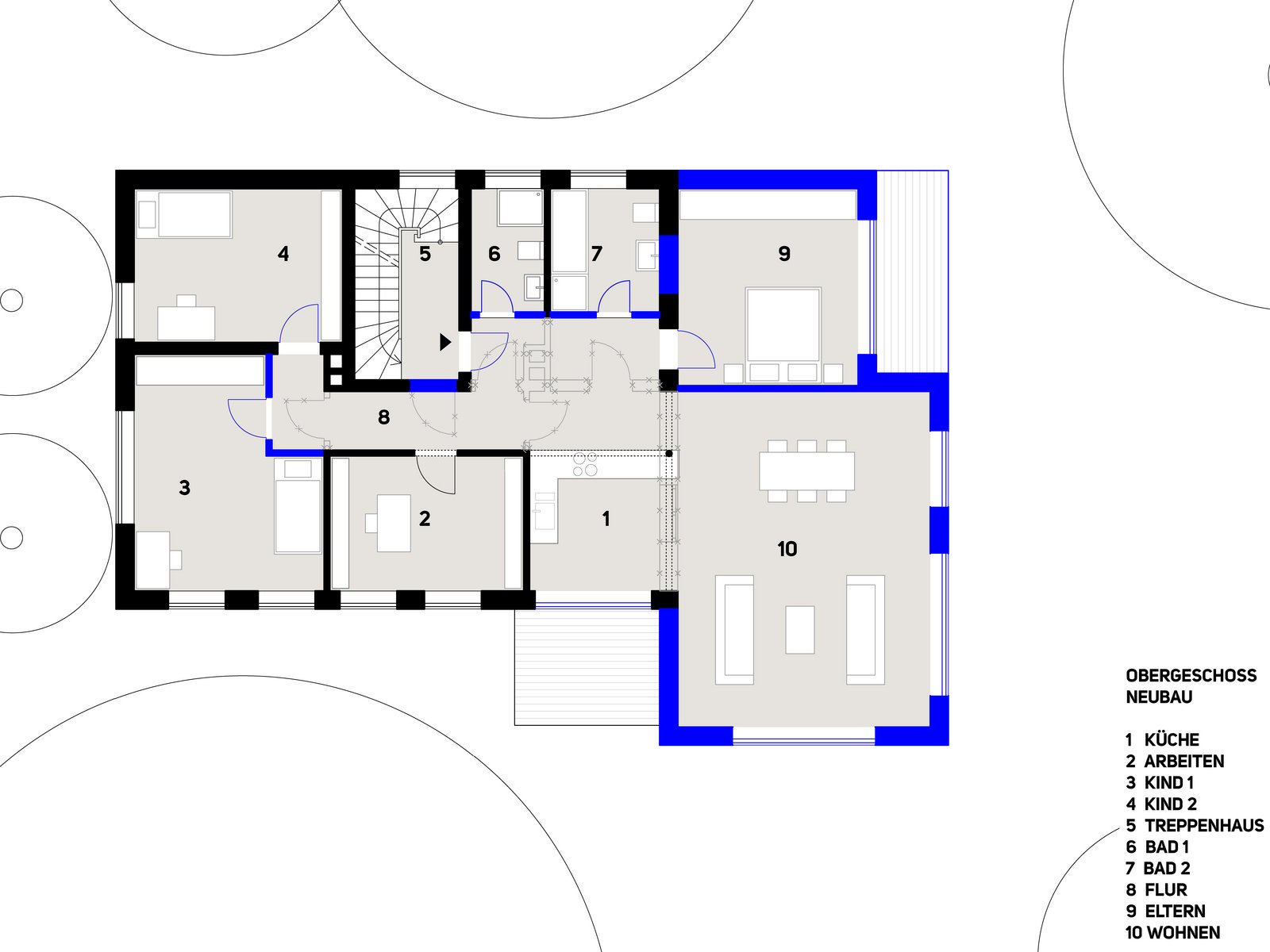 Grundriss des Obergeschosses eines Umbaus mit barrierefreiem Anbau und angefügtem Balkon für Mehrgenerationenwohnen in München, geplant von m8architekten