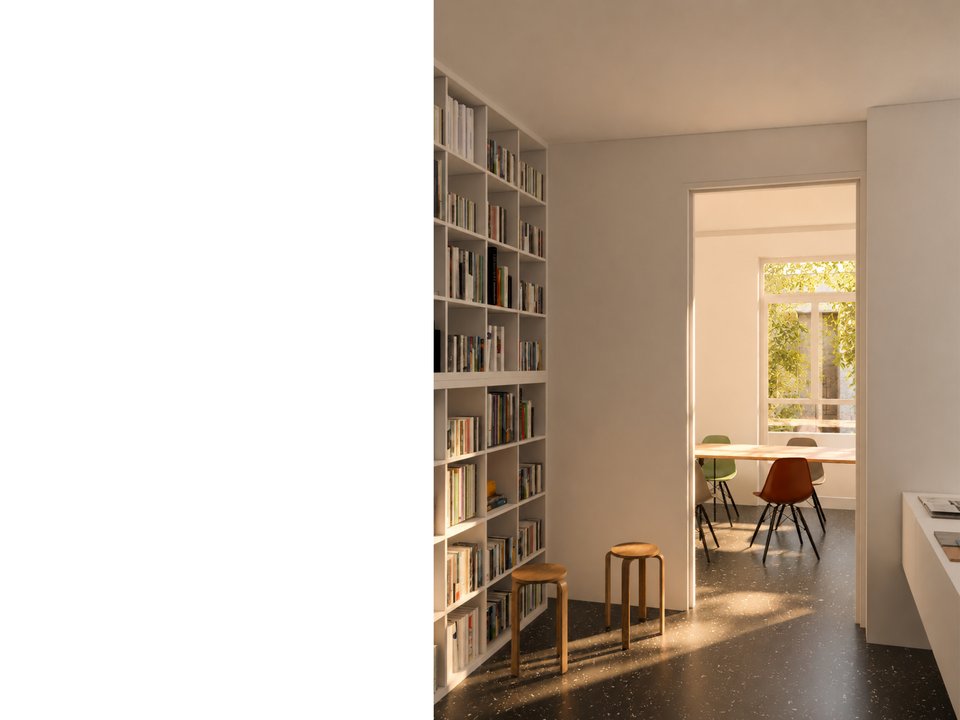 Bibliothek und Besprechungsraum im Architekturbüro für Meetings, Austausch und gemeinsame Planungen.