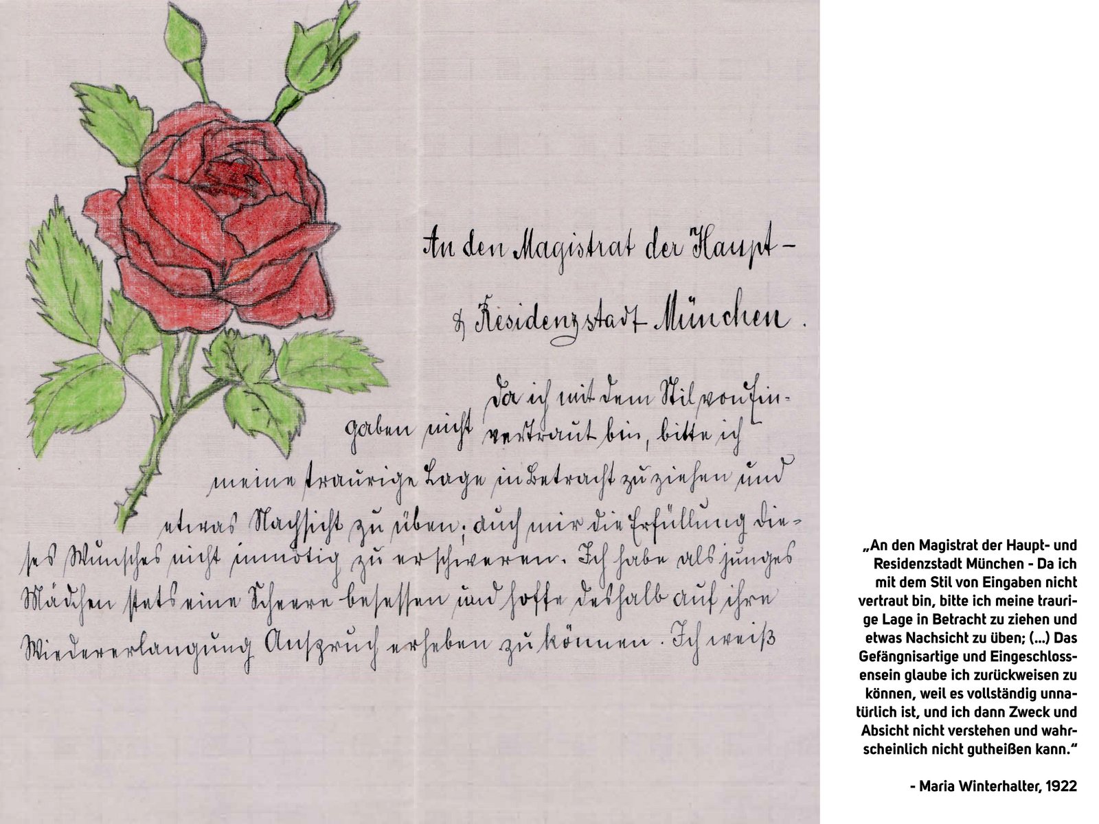 Illustrierter Protestbrief von Maria Winterhalter, NS-„Euthanasie“-Opfer aus München, verfasst in der Heil- und Pflegeanstalt Eglfing-Haar.