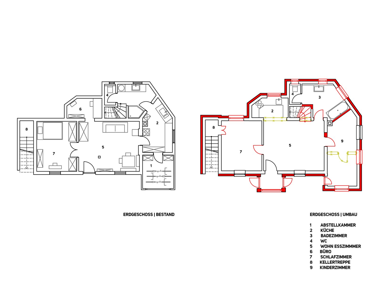 Gegenüberstellung von Bestands- und Umbaugrundriss des Erdgeschosses mit Wohn-, Küchen- und Wintergartenbereich eines Wohnhauses in München