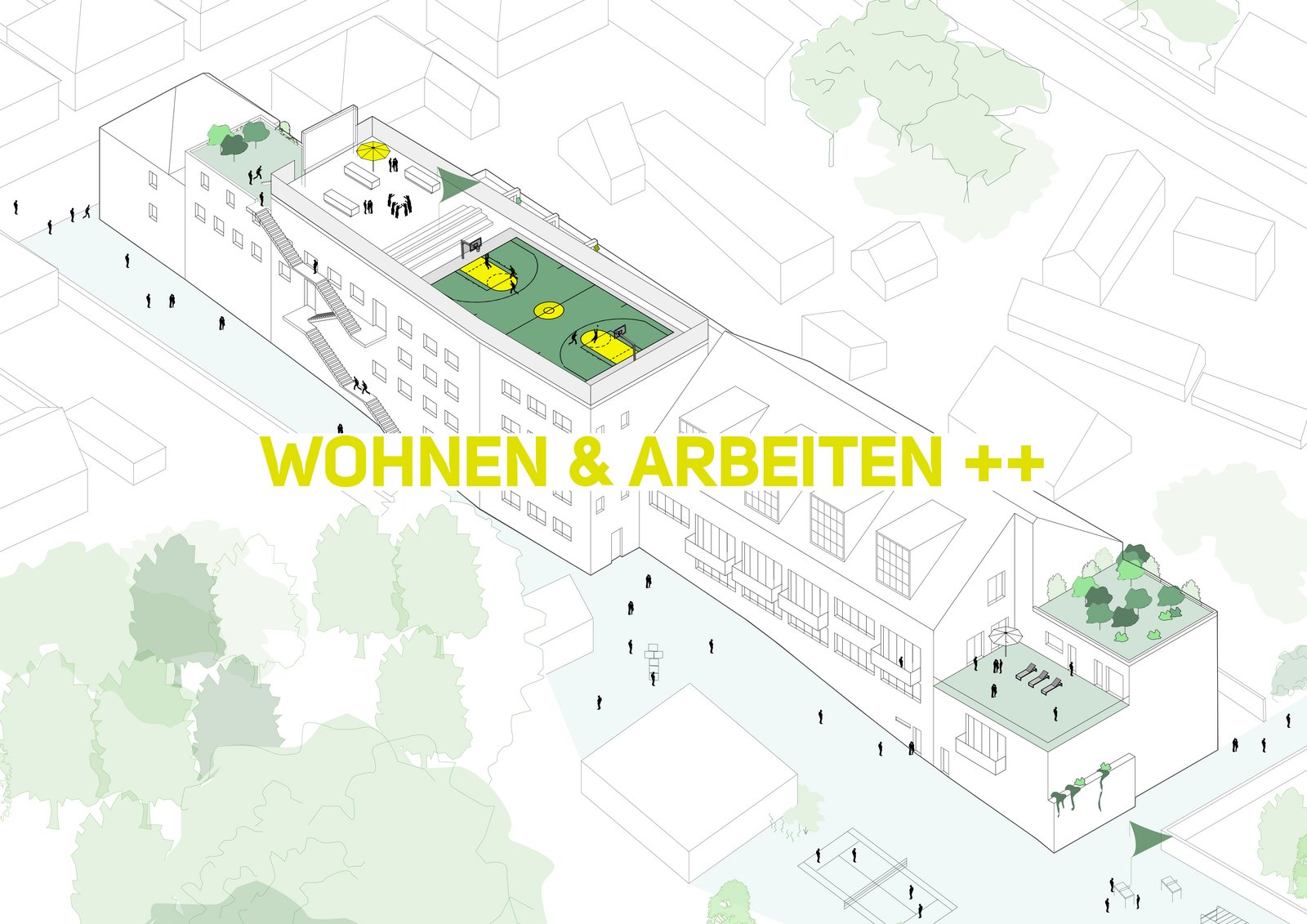 Wohnräume in einer umgenutzten Industrieanlage mit neuen Dachgauben und Sichtstrukturen, geplant von m8architekten.