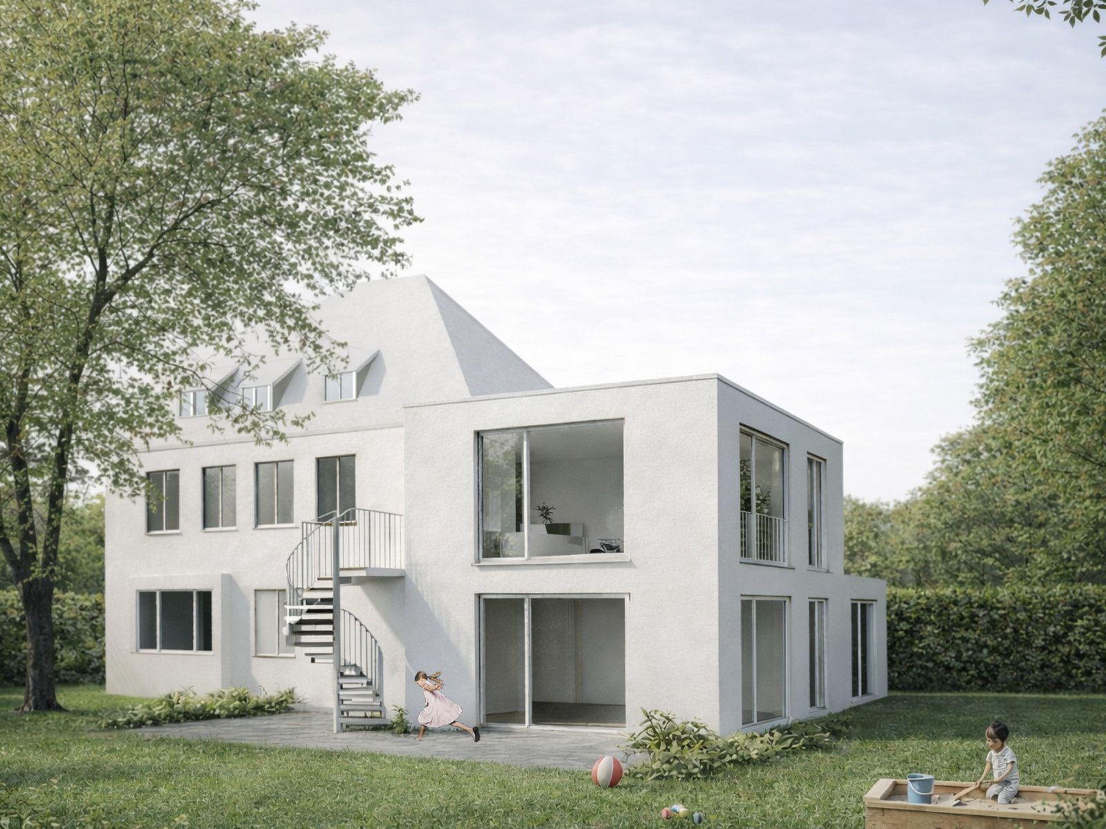 Rendering eines Familienhauses im Bestand mit Garten in München, geplant von m8architekten
