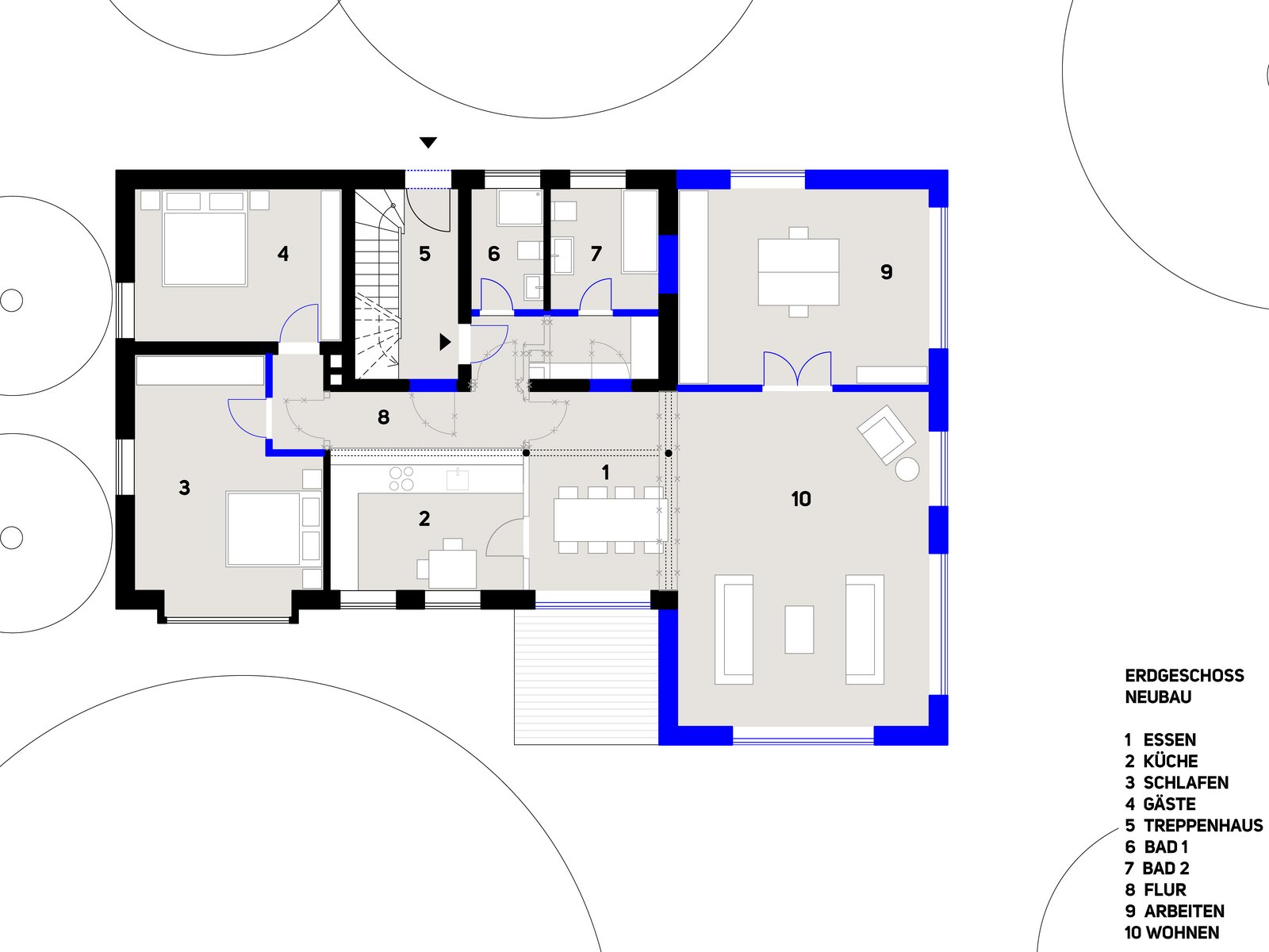 Grundriss des Erdgeschosses eines Umbaus mit barrierefreiem Anbau in München, geplant von m8architekten
