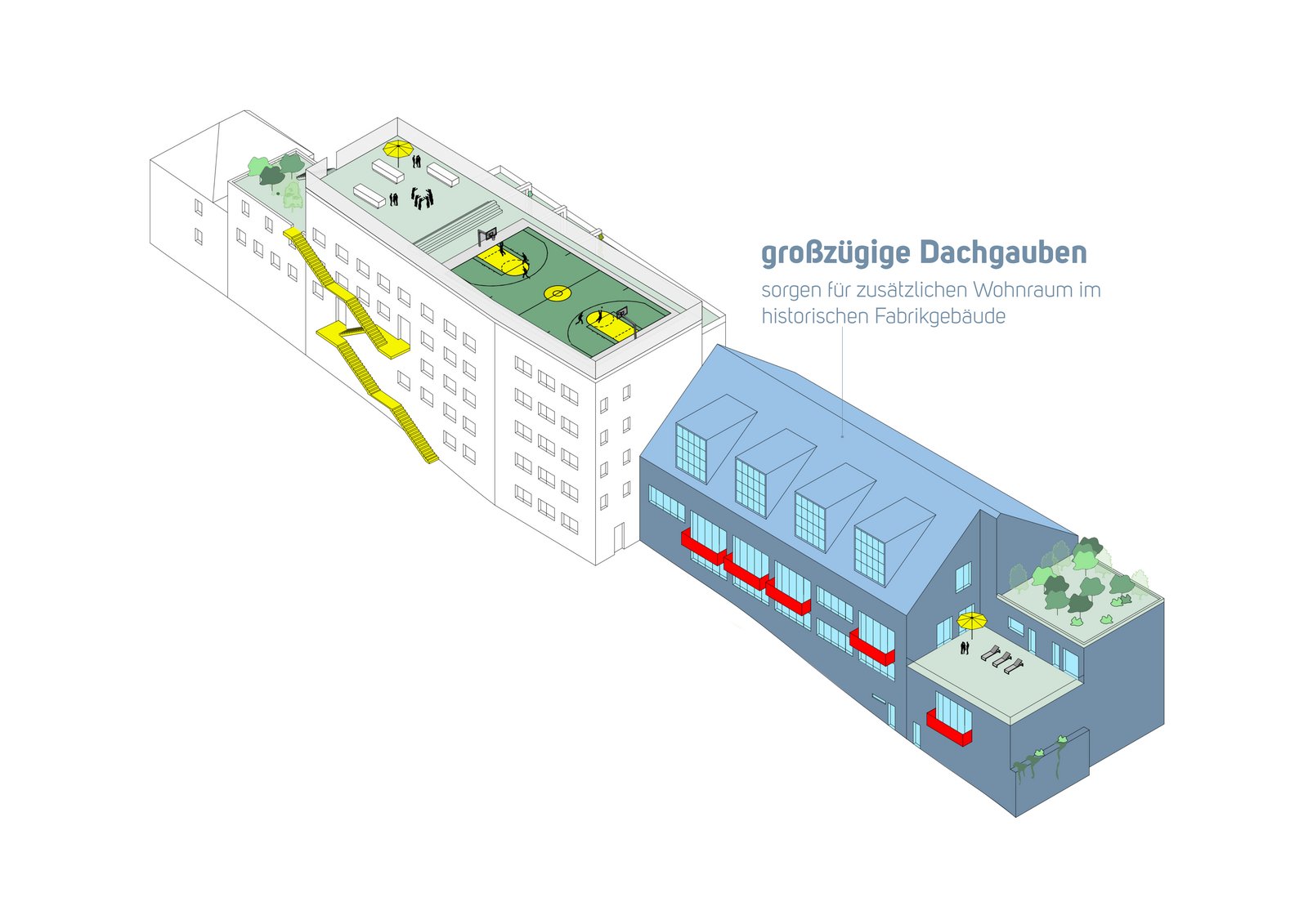 Akustisch optimierte Proberäume und Unterrichtsflächen in einem offenen, loftartigen Industriebestand.