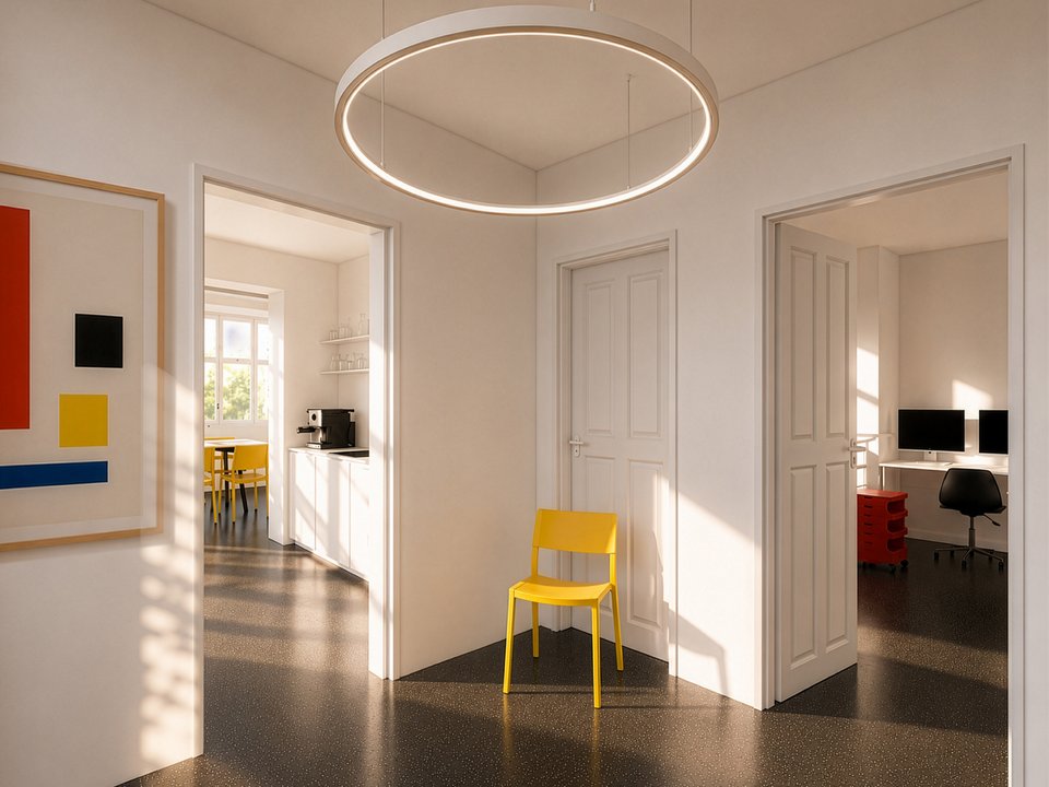 Eingangsbereich vom Architekturbüro mit gemeinschaftlich genutztem Aufenthaltsbereich.