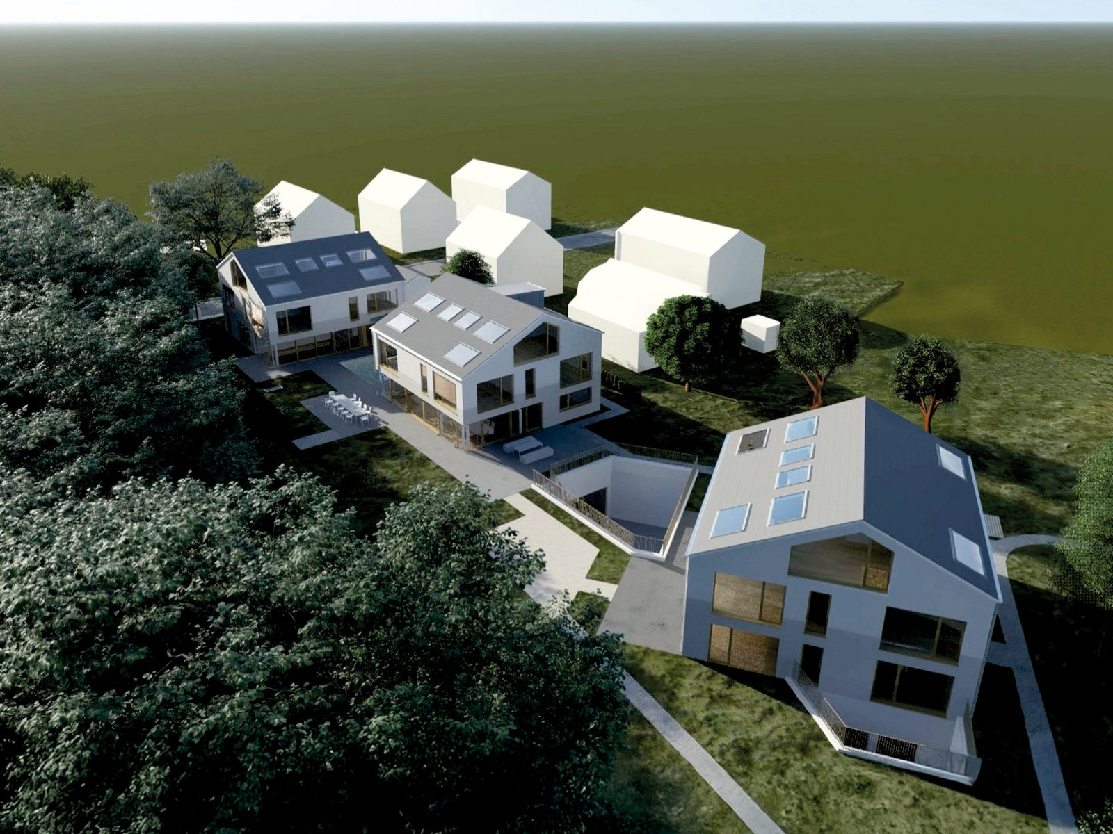 Architektur-Rendering des Wohnensembles von m8architekten mit Fokus auf Lichtführung, Raumqualität und moderne Baukörpergestaltung.