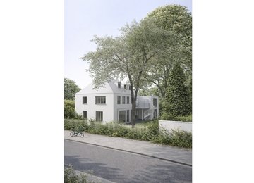 Straßenperspektive eines sanierten Familienhauses mit Anbau in München, geplant von m8architekten, als Projekt zum Mehrgenerationenwohnen im Bestand