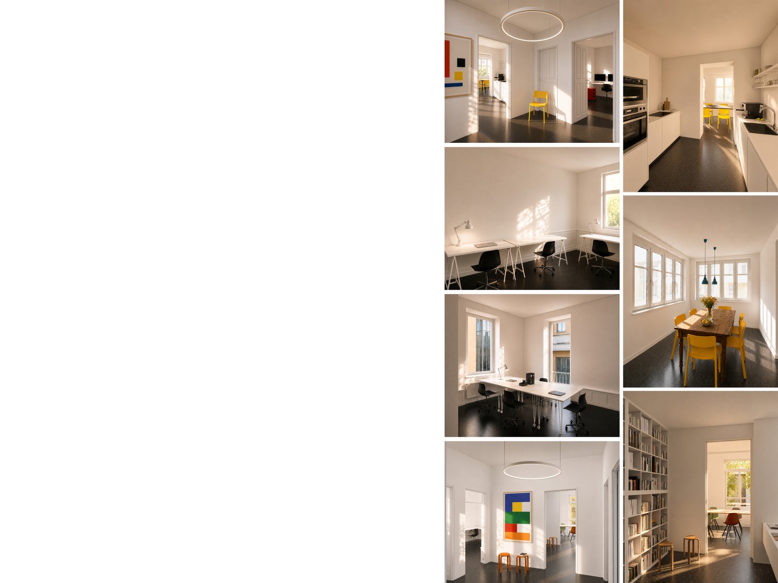 Flexibel möblierter Büroraum mit modernen Arbeitsplätzen im Architekturbüro m8architekten in München-Milbertshofen für Kreative, Selbstständige und kleine Teams.