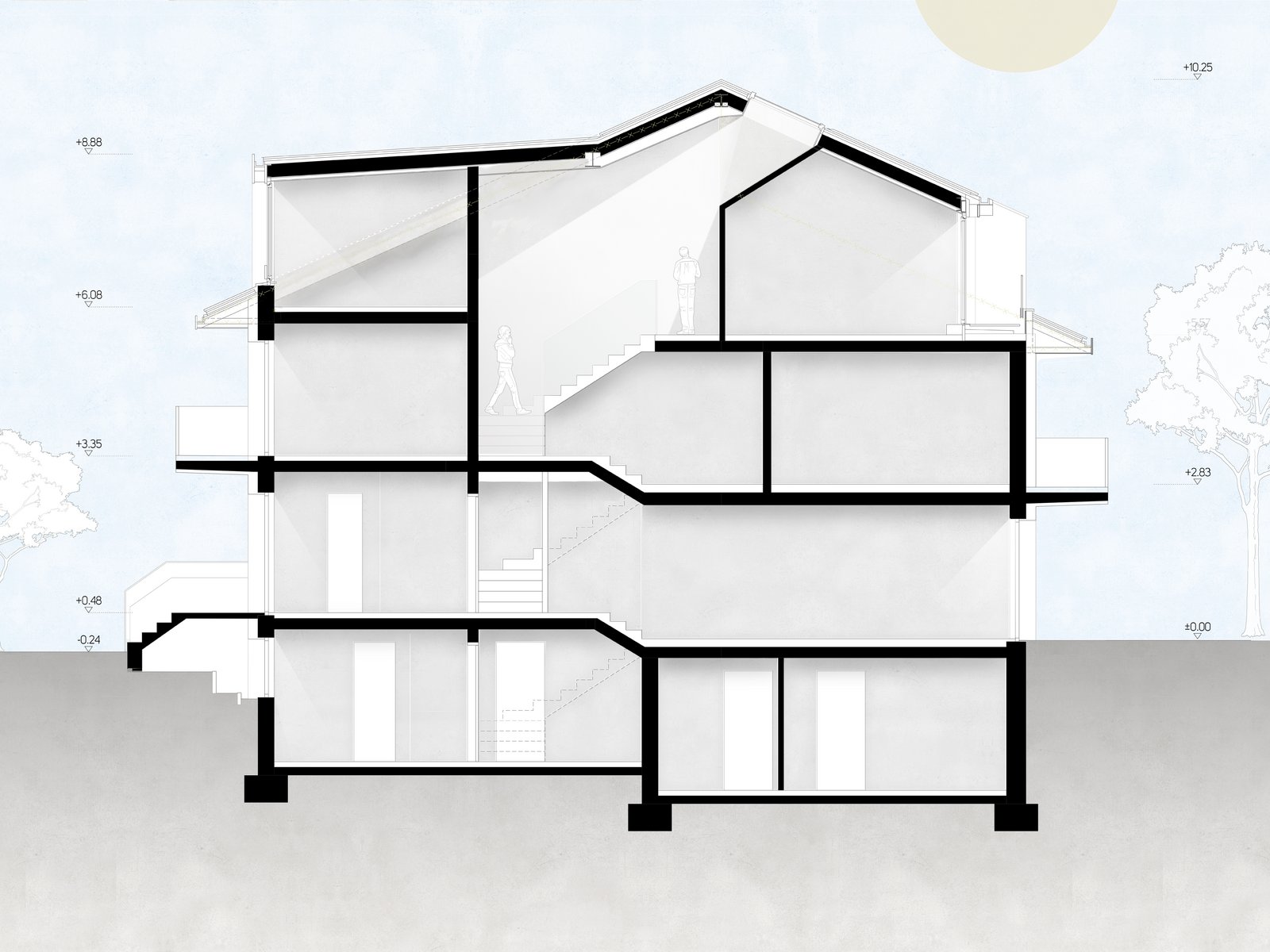 Der Schnitt durch die Aufstockung zeigt besondrs gtu die Ebenen und Dachfenster und hellen, hohen Räume.