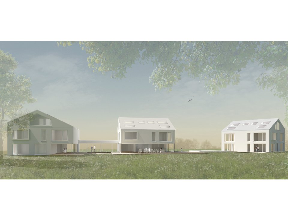 Visualisierung der modernen, energieeffizienten Fassade eines Mehrgenerationenhauses von m8architekten in München.