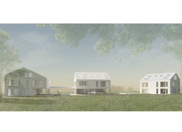 Visualisierung der modernen, energieeffizienten Fassade eines Mehrgenerationenhauses von m8architekten in München.