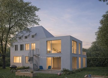 Rendering eines Familienhauses bei Nacht im Bestand mit Garten und Spielfläche für Kinder, geplant für Mehrgenerationenwohnen in München von m8architekten