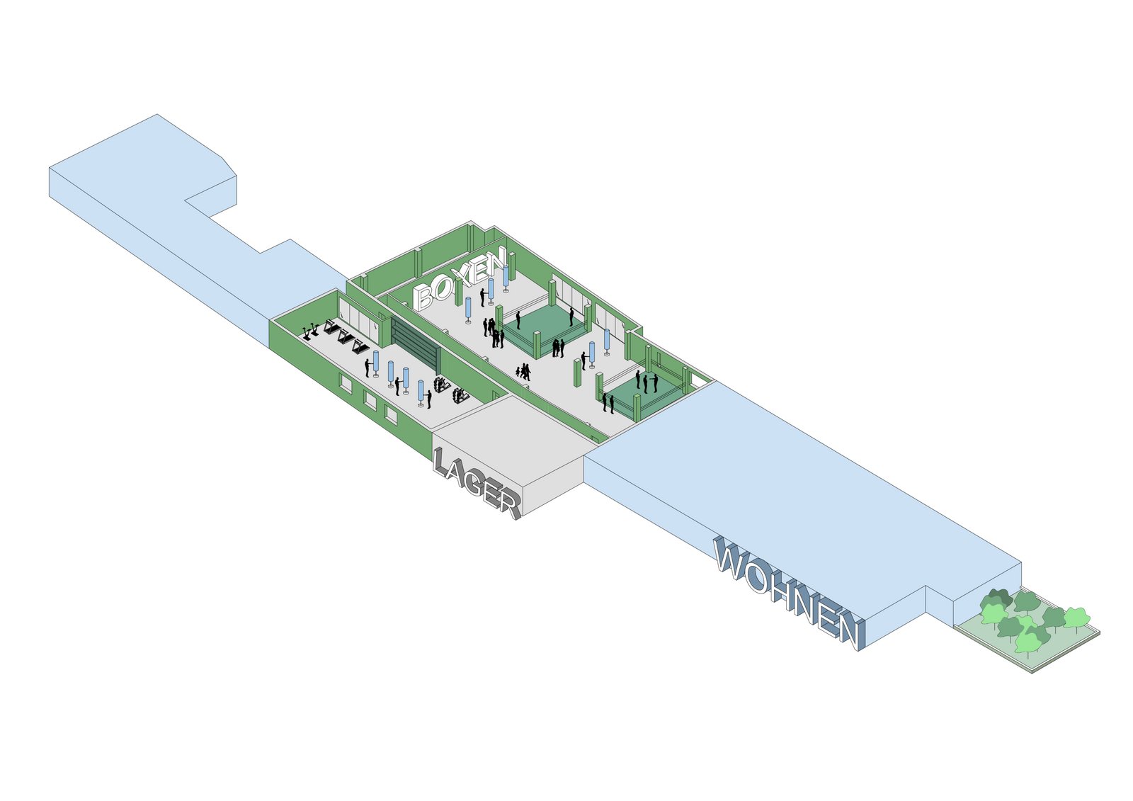 Vielseitige Gewerbebereiche mit widerstandsfähigen Materialien und adaptierbarer Raumorganisation.