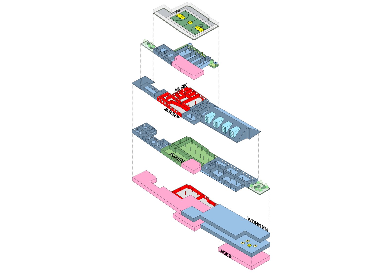 Funktionale Lager- und Werkstattbereiche mit effizienter Erschließung und klar gegliederten Grundrissen. Entworfen von m8architekten